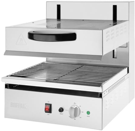 Buffalo Rise and Fall Salamander Grill HX584, Stainless Steel | Adjustable height controls heat intensity precisely, ideal for professional kitchens and commercial catering setups.