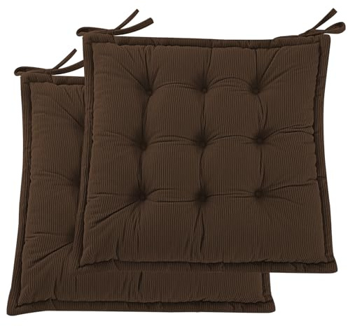 PRIMEPATIO Indoor Sitzkissen Stuhl 2er Set – Komfortable Cordstoff-Sitzmatte Stuhlkissen mit Bändern, Hochwertige Füllung, Ideal für Esszimmer, Büro, Wohnzimmer, Outdoor Gartenstuhl, 40x40x7, Braun