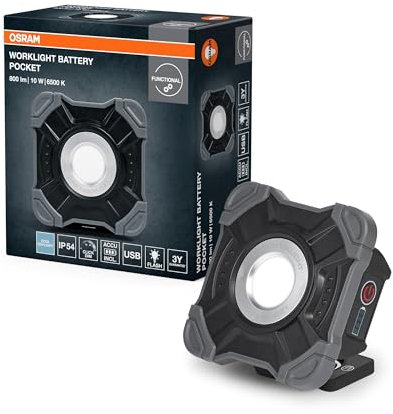 OSRAM Projecteur de travail LED VAL BAT POCKET, gris foncé/noir, 10W, 1000lm, blanc froid, gradation progressive, alimenté par batterie, petit, portable, avec support, format de poche, IP54, 6500K.