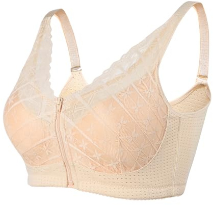 Polreta Brustprothesen-BH mit Reißverschluss und Tasche für Brustprothese, für den täglichen Gebrauch, Beige, 42CD/44AB/44CD