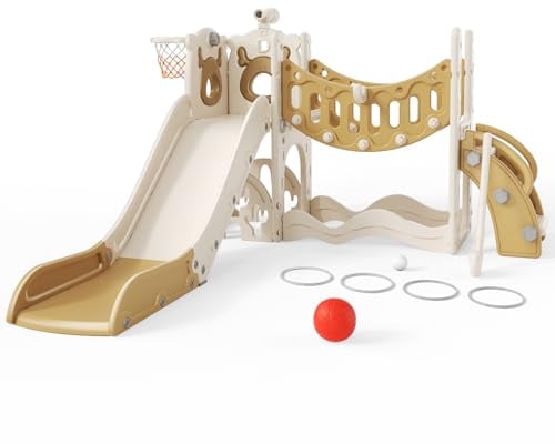 Kids Slide, large toddler slide with basketball hoop, climbing frame for the garden, telescope, storage space, slide, extra long slide 170cm (Six-in-one elk slide-active version (khaki))