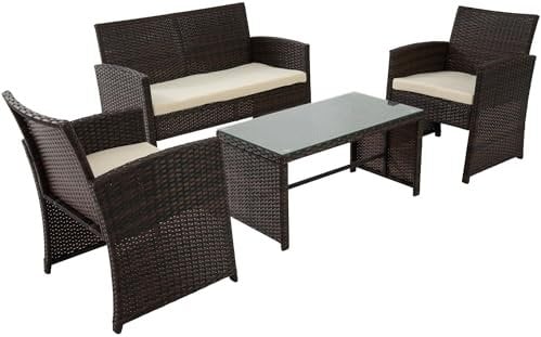 CLP Polyrattan Sitzgruppe Toruba, Lounge-Set Outdoor wetterfest, aus PE-Rattan, mit Tisch Sesseln Sofa und Sitzkissen, Gartenmöbel-Set, Farbe:braun