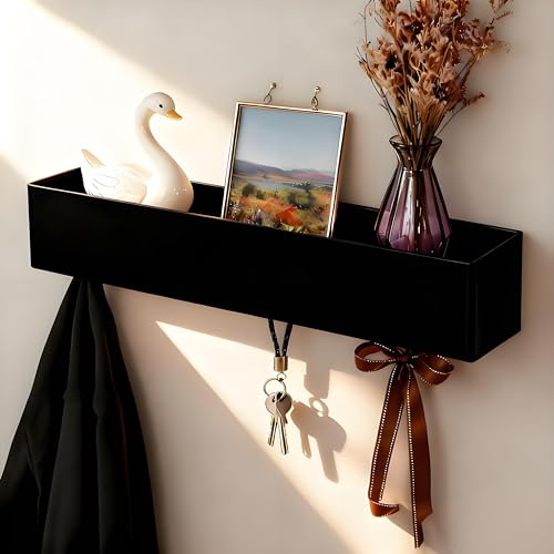 HSUYUN Eisen Garderobenleiste, Versteckte Wandmontage Kleiderhaken Wand, Wandgarderobe mit Ablage, Garderobenhaken Schwarz mit 5 Haken für Wohnzimmer, Flur und Schlafzimmer