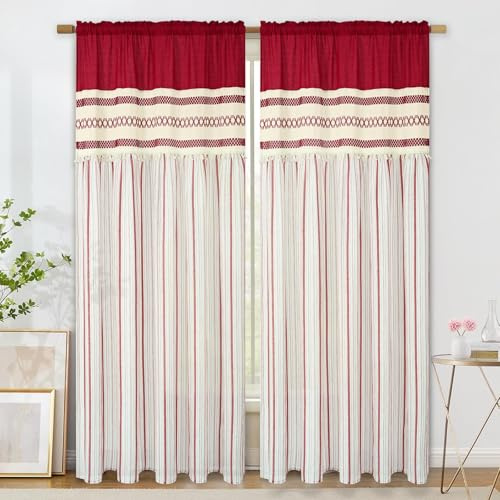 FRAMICS Leinen-Vorhänge für Wohnzimmer, rot gestreift, Fenstervorhang, Bauernhaus-Vorhänge für Schlafzimmer, Boho-Häkelvorhänge, 213 cm Länge, 2 Paneele, Lichtfilterung, Stangentaschen, Vorhänge für