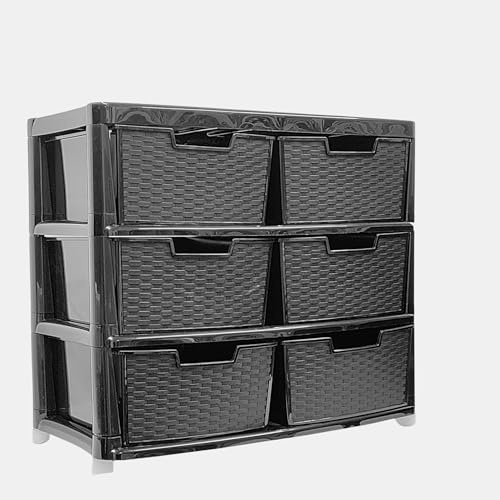 KYY'Z 6-Drawer Plastic Storage Unit – 3 Tier Jumbo Chest with Rattan Effect, Multi-Purpose Organizer for Closet Bedroom, Bathroom, Nursery, Garage, Home Office (Rattan Black, 3 Tier With 6 Drawers)