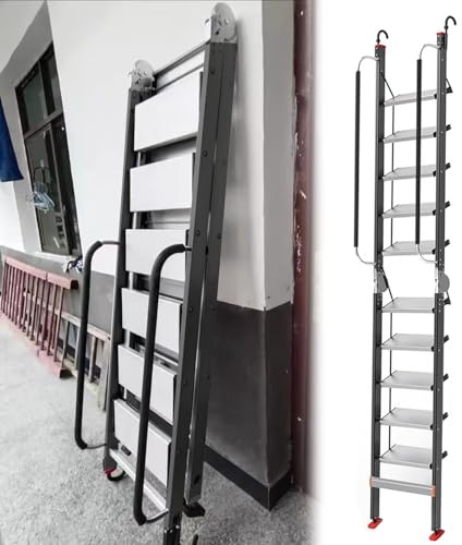 Dachbodentreppe Wandmontierte Klappleiter mit Handlauf, Verstellbare, Rutschfeste Teleskopleiter aus Aluminium, Sicherheitstreppe für Dachbodentreppen in Kleinen Garagen(9 Step-275cm (9ft))