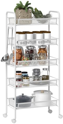 HOMCOM Chariot de Rangement à 5 Niveaux à roulettes 45x26,5x106 cm Blanc | Paniers Amovibles, 4 Crochets, Cadre en Acier, Desserte Étroite de Cuisine, Salle de Bain, Salon