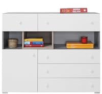 Masseno Kommode Galia 110 cm Sideboard mit 5 Schubladen und 1 Türen für Wohnzimmer Schlafzimmer Modern 110x40x90 cm Weiß/Weiß