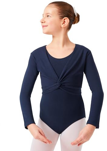 tanzmuster ® Kinder Ballett Langarm Top - Mia - mit Twist (Wickeloptik) - aus sehr weichem und festem Baumwollstoff - in marineblau, Größe:152/158