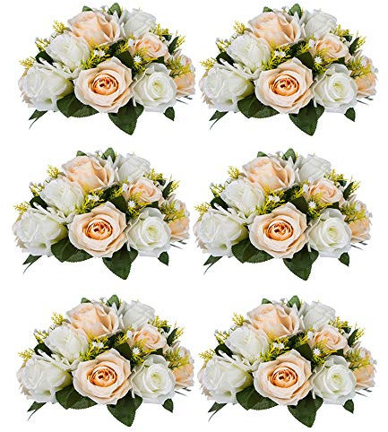 NUPTIO 6 Stück Künstliche Blumenstrauß, 15 Köpfe Kunststoff Rosen mit Sockel, Geeignet für Unser Geschäft Hochzeit Herzstück Blumenregal für Parteien Valentinstag Dekoration(Champagner & Weiß)