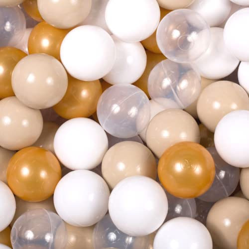 MEOWBABY 50 ∅ 7Cm Balles pour Piscine Ŕ Balles Bébé Adapté aux Enfants Plastiques Boule pour Bebe Parc Jouets pour Les Tout-Petits Fabriqué en UE Colorées Transparent/Blanc/Beige/Or