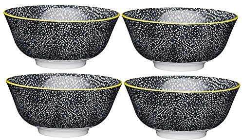 KitchenCraft Set of 4 Glazed Stoneware Bowls with Contemporary Flower Pattern, Black & White Ceramic Bowls with Footed Base, Microwave & Dishwasher Safe, 15.7 cm (6)