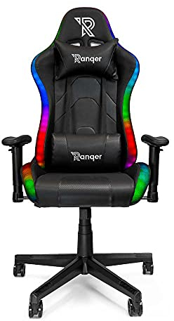 Ranqer Aura RGB/LED Gaming Stuhl - Gaming Stuhl mit RGB LED-Beleuchtung - 350 Farben und Effekte - Höhenverstellbare Armlehnen - Rundum Drehbar - Ergonomischer Bürostuhl - Gamer Stuhl - Schwarz