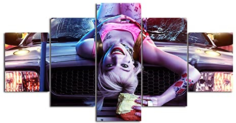 SINGLEAART Leinwanddrucke,5 Teilige Druck Auf Leinwand,5 Stück Wandbild,Wohnzimmer Dekoration,Harley Quinn,Joker-Mädchen,Modular Wandkunst,150×80Cm Mit Rahmen Abstraktes Plakat Bereit Zum Aufhängen
