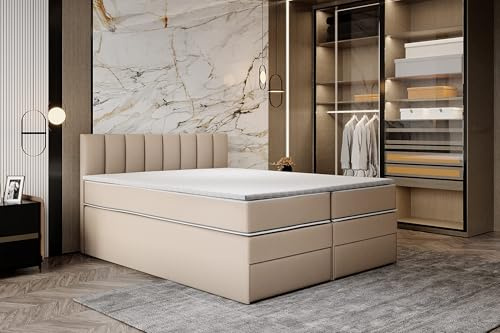 TRADA Hoches Boxspringbett 160x200 cm Schubladen & Taschenmatratze, Beige | Model MIAMI, Elegantes Polsterbett mit Topper aus Viscoschaum