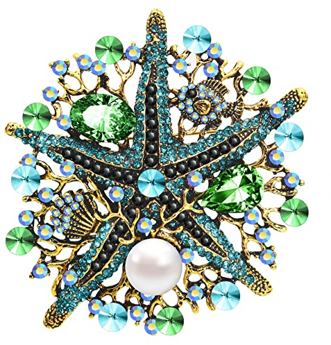 KristLand Broche étoile De Mer Strass en Cristal Perles Broche Femme Broche Dorée Animaux Marins Sac Broche Fête Coffret Cadeau Vert-Noir