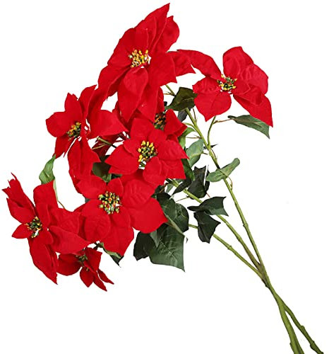 Kunovo 3 Stück 79 cm langer Stiel künstliche Weihnachtssterne Blumenstrauß künstliche Weihnachtssterne Pflanzen Samt Weihnachtsstern Zweige für Vase