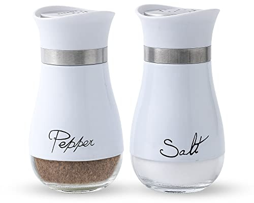 Lonffery Salt and Pepper Shakers Set - Salt Containers for Gifts, Kitchen Decor, Home, RV, Camp, BBQ, 4 oz Farmhouse Spice Dispenser with Glass Bottom, White, Set of 2
