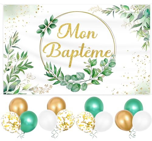 Mon Baptême Bannière Décoration 180 * 110 cm, 12 Ballons Mon Baptême et Bannière Banderole, Decoration Baptême Garçon/Fille, Mon Baptême Bannière Décoration pour Baptême