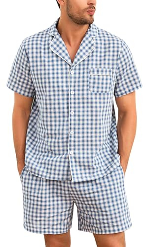 Irdcomps Pyjama Homme Coton Court Ete Ensemble de Pyjamas été Vêtements De Nuit Vêtements de détente à Manches Short Pyjama Col Rond Loungewear 2 Pièces Confortable Doux Grille Bleue+Blanche M