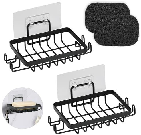 YoHyien 2 Pièces INOX Porte Savon Douche sans Perçage, Auto-Adhésif Porte Savon Mural avec Crochets et Économiseur de Savon, Support Savon Mural pour Salle de Bain et Cuisine (Noir)