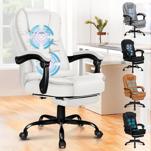 ALFORDSON Chair Bürostuhl, Computer-Schreibtischstuhl, Gaming-Stuhl, ergonomisches Hochlehnerkissen, Lordosenstütze mit Rollen, bequemer Rennsitz, verstellbar, drehbar, rollbar, Leder, Weiß