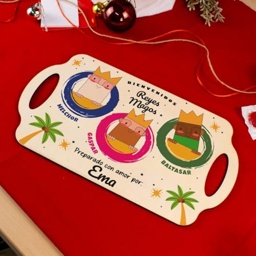 Bandeja de Navidad Personalizada con Nombre de Madera. Bandeja de Madera Reyes Magos. Bandeja de Madera Papá Noel personzalizado (Diseño 1, Rectangular Grande)