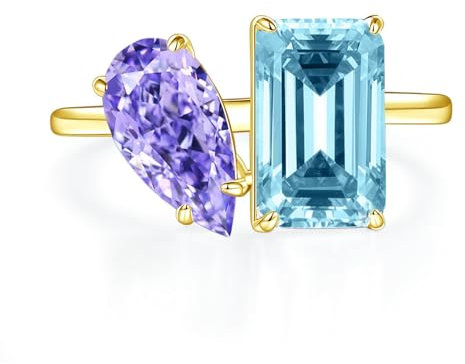 WAHZAUS Toi Et Moi Anello di fidanzamento in oro da donna blu/viola/rosa anello con diamante in argento Sterling 925 Anelli di promessa per lei anello con doppia pietra smeraldo/pera, 9, Argento,