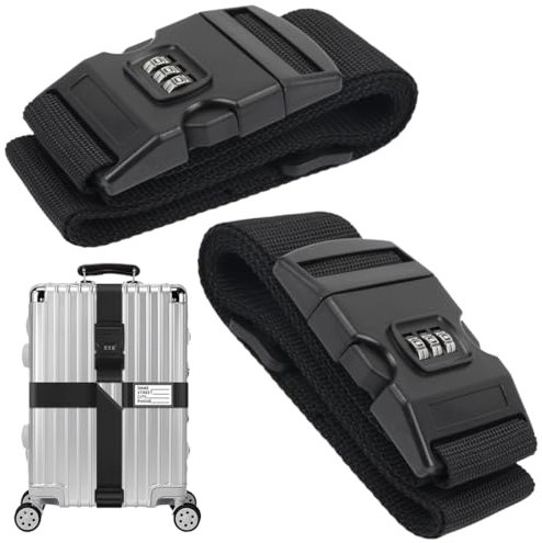 Lot De 2 Pièces Sangles De Bagage Avec Cadenas Pour Valise, Sangle De Valise Avec Code À 3 Chiffres - Étiquette Nominative Incluse - Noir, Haute Sécurité