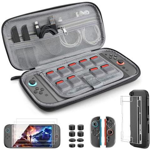 TiMOVO Zubehör Bundle Kit für Nintendo Switch 2, 14-in-1 Switch 2 Zubehör Set mit Tasche, PC Schutzhülle, TPU JoyCon Hülle Case, 4 Stück Panzerglas und 8 Stück Joystick Kappen, Schwarz