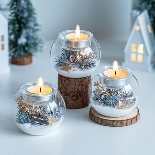 Teelichthalter Weihnachten Windlicht Weihnachtsdeko Tisch: Hewory 3er Set Teelichtgläser mit Künstliche Tannenzweige Deko Schnee Weihnachts Tischdeko Innen Kerzenhalter Christmas Dekoration