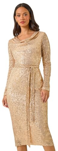 Dusk Fashion Sequin Cowl Neck Pencil Stretch Dress for Women UK - Ladies Everyday Autumn Winter Comfy Soft Evening Vacation Work Party Night Out