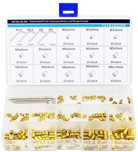 HSCRSTAR M3 M4 M5 M6 Hex Socket Set Screws with Cup Piont Assortment Kit Grub Screws Brass 260 Pieces