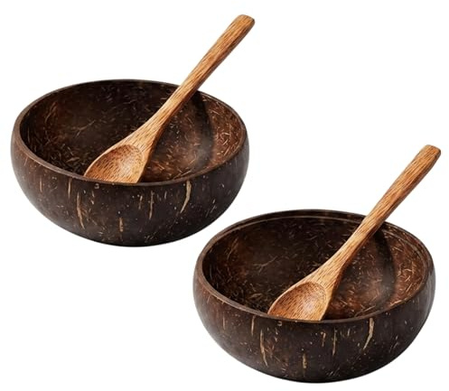PRVCFZ 2 PCS Coconut Bowl Set with Wooden Spoons, Natural Coconut Shell Bowls for Smoothie Bowls and Fruit Bowls, Handcrafted Wooden Serving Bowls for Dining and Kitchen Storage