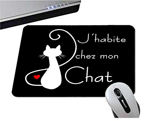 YONACREA - Tapis de Souris - J'habite chez Mon Chat - Noir