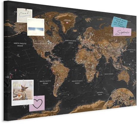 murando Tableau à Épingles, Panneau en Fibres de Bois Carte du Monde 90x60 | Punaises Incluses, Panneau et Tableau sur Toile 2-en-1, Décoration Murale, Idéal pour Notes au Bureau, Idée Cadeau