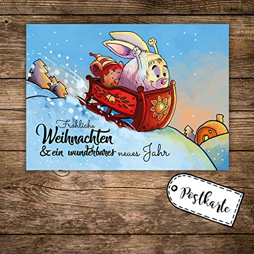 ilka parey wandtattoo-welt A6 Weihnachtskarte lustige Postkarte Print mit Hase im Schlitten + Spruch fröhliche Weihnachten pk119