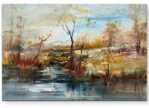 Paul Sinus Art Leinwandbilder | Bilder Leinwand 120x80cm Landschaft mit Bäumen und Wasser – Ölgemälde