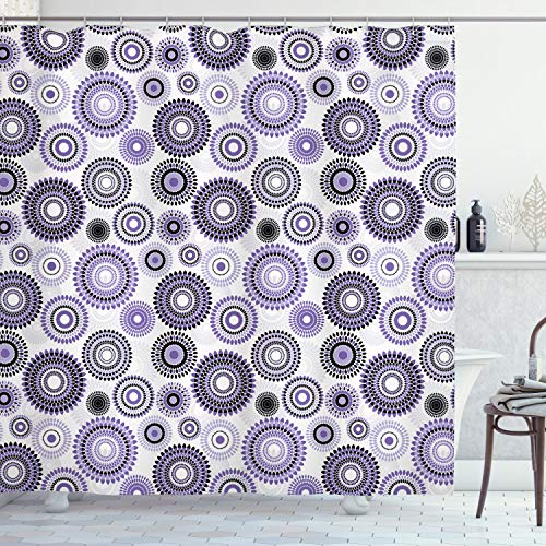 ABAKUHAUS Violet et Noir Rideau de Douche, Mandala, Tissu Ensemble de Décor de Salle de Bain avec Crochets, 175 cm x 200 cm, Violet Noir Blanc