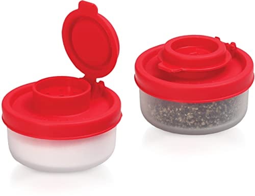 Signoraware Salt and Pepper Shakers Moisture Proof Set of 2 Small Mini Salt Shaker to go Camping Picnic Outdoors Kitchen Lunch Boxes Travel Spice Set Clear with Red Covers Plastic Airtight Dispenser