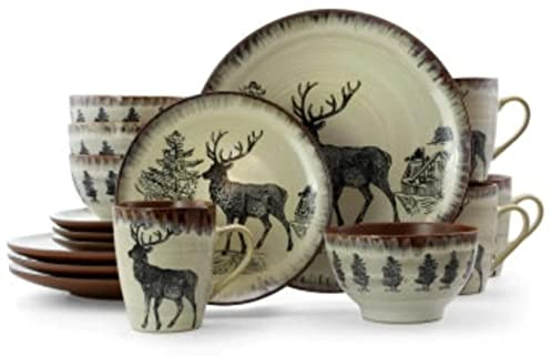 Elama Round Stoneware Cabin Dinnerware Dish Set, 16 Piece, Elk Design with Warm Taupe and Brown Accents