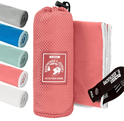 Backpacker's Journey Mikrofaser Handtücher in S M L XL. Reisehandtuch Sets leicht, schnelltrocknend, saugfähig und antibakteriell (Lachsfarben L)