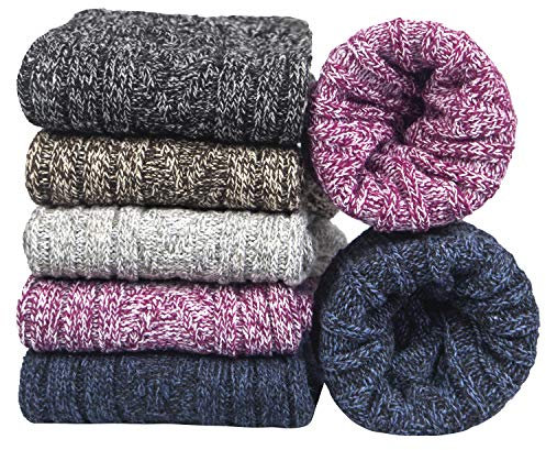 YSense Beau 5pairs Women Merino Wool Socks Winter Thermal Soft Business Chunky Knitting Socks for Ladies Breathable Premium Hiking Socks Lightweight, Wool Socks Gift for Men Women(4-8Black+blue+gray)