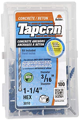 100 Pack 3/16 x 1-1/4 Hex Head Concrete Screws, with Drill Bit