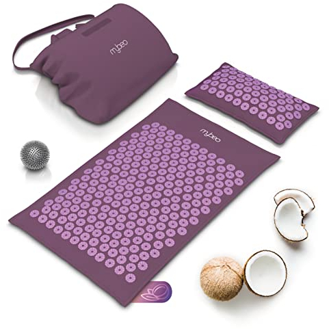 MyBeo Akupressurmatte mit Naturfasern, Akupressur Set mit Kissen + Massageball, Entspannung und Massage, Akupunkturmatte, ideal bei Verspannungen von Rücken Nacken Füße, Violett