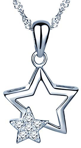 MICSAVI Damen Halskette Doppel Sterne Anhänger mit Zirkonia Kette 45CM für Frauen Mädchen 925 Sterling Silber