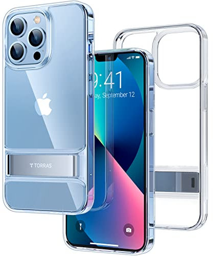 TORRAS 𝟐𝟎𝟐𝟐 𝗨𝗽𝗴𝗿𝗮𝗱𝗲𝗱 MoonClimber iPhone 13 Pro Case 6.1 Inch, [3 Stand Ways Metal Kickstand] Military Drop Protective Non-Yellowing Anti Scratch Slim Hard Clear Case with Kickstand, Clear
