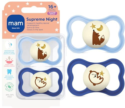 MAM Supreme Night Pacifiers (2 Packung, 1 Sterilizing Pacifier Case), Best Pazifier for Breastfed Babies 16+ Monate, Glow in the Dark Pacifiers, Boy Pacifier, 2 Count (1 Stück)