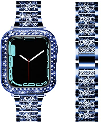 DEALELE Cinturino Compatibile con iWatch 44mm 45mm, Bracciale di Ricambio in Metallo Diamanti Strass con Custodia Protettiva per Apple Watch Series 7 / SE / 6/5 / 4 Donne Uomini, Blu, 44mm