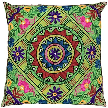 Original Kikan Suzani Kissenbezug, mehrfarbig, Blumenstickerei, 60 x 60 cm, indischer Ethno-Kissenbezug, Sofakissen, Reißverschluss, vegan, Grün